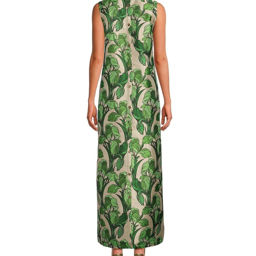 Buru Maxi Mod Printed Brocade Mock Neck Sleeveless Shift Maxi Dress